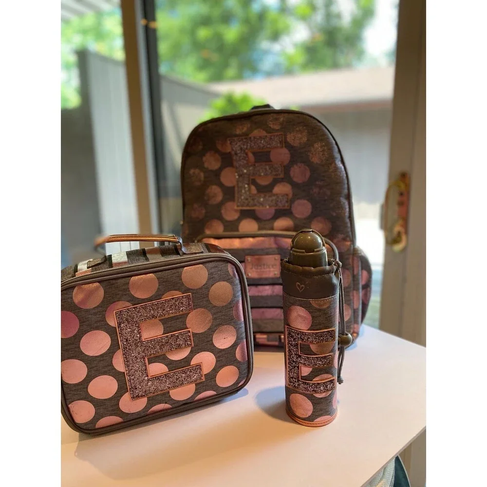3 Piece Backpack Set: Bag, lunch box & bottle initial“E” Justice full- size